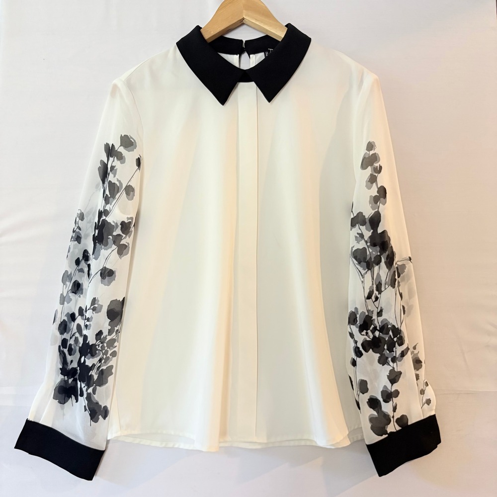 Sophisticated White Black Floral Sleeve Contrast Collar Blouse XL Sheer